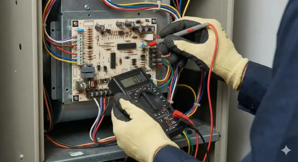 A close-up of an HVAC technician's gloved hands using a multimeter to test a furnace control board.