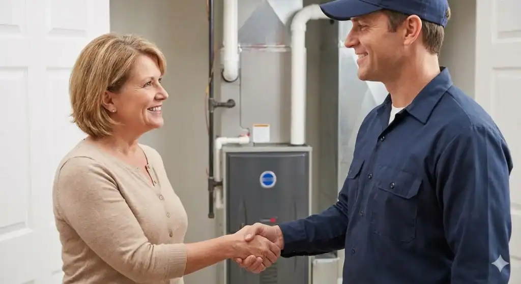 A smiling customer shaking hands with a uniformed HVAC technician in front of a newly installed furnace.